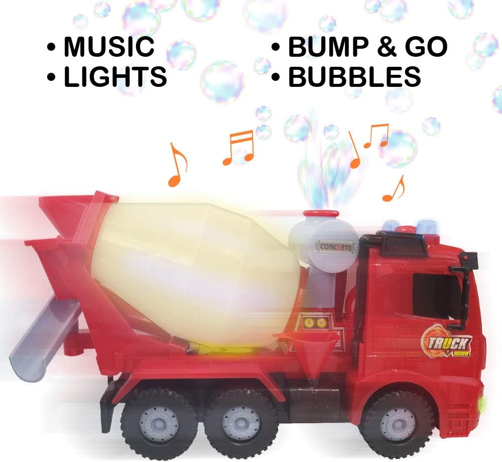 ArtCreativity Bubble Blowing Cement Truck Toy with LED and Sound Effects - 12 Inch Light Up Bump n Go Toy Car for Boys and Girls - Bubble Solution Included - Great Birthday Gift for Kids