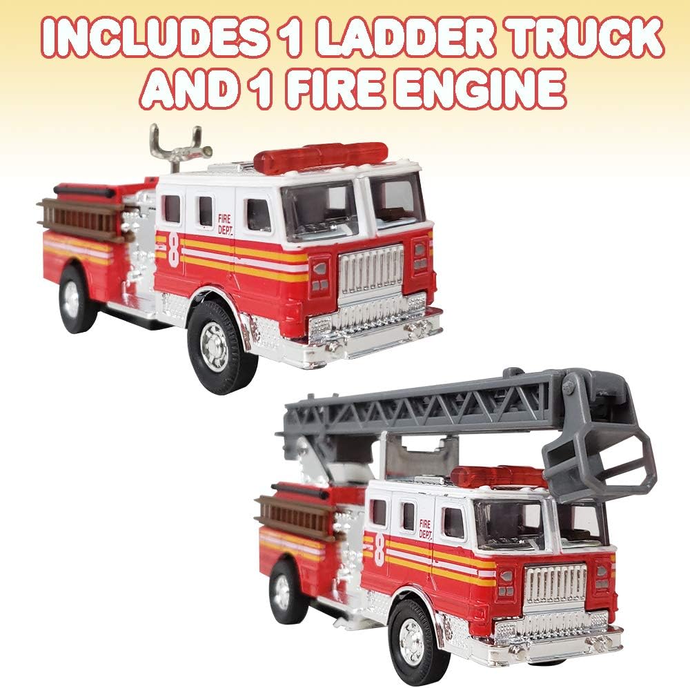 ArtCreativity 5.5 Inch Fire Trucks - Set of 2 - Pull Back Firetruck Toy Cars for Boys and Girls - Includes Metal Ladder Truck and Fire Engine - Best Birthday Gift for Kids, Toddlers