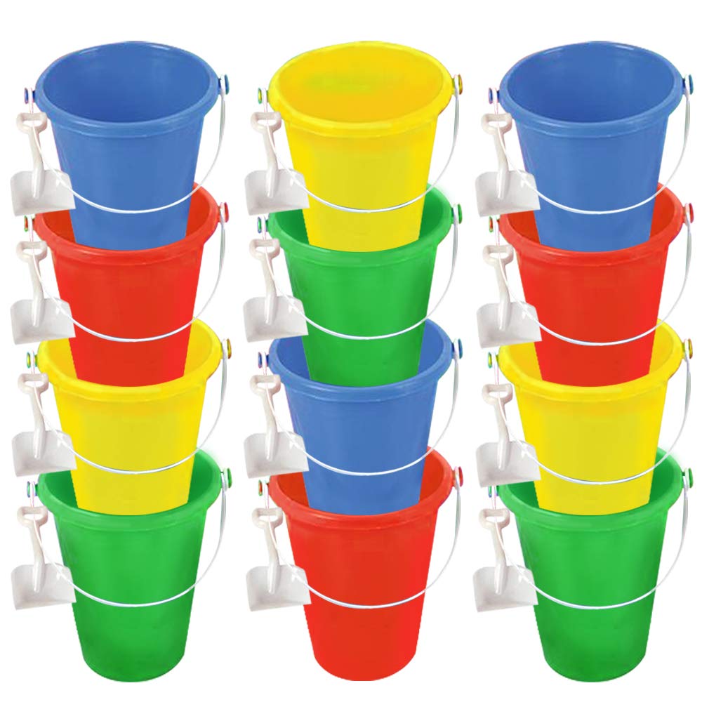 6 Inch Mini Plastic Beach Pail and Shovel Set - Pack of 12 - Assorted Colors Buckets and White Shovels