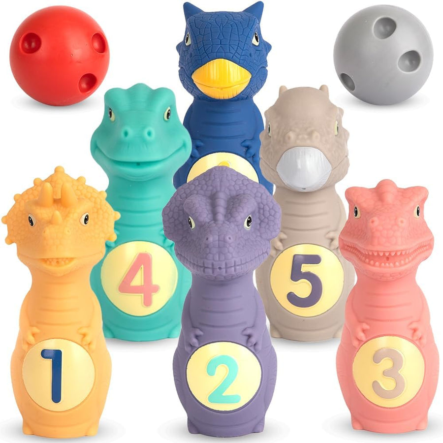 ArtCreativity Dinosaur Kids Bowling Set - 6 Dino Pins and 2 Balls - Durable Silicone Dinosaur Toys for Boys and Girls - Dinosaur Party Activity - Kids Indoor Bowling Game for Ages 2-5