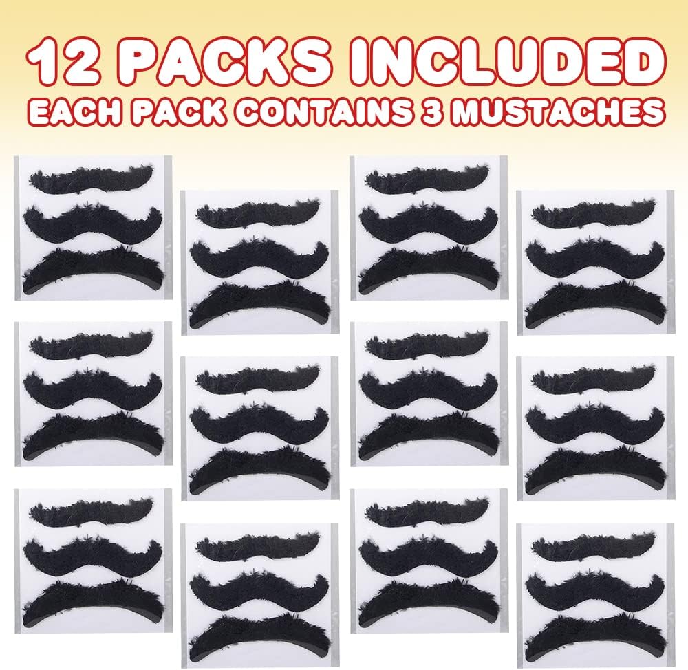 ArtCreativity Realistic Fake Mustache Set - Bulk Pack of 36 - Stick On Moustaches with Skin-Safe Adhesive, Photo Booth Props and Favors for Mexican, Super Mario, Lumberjack, and Cowboy Party