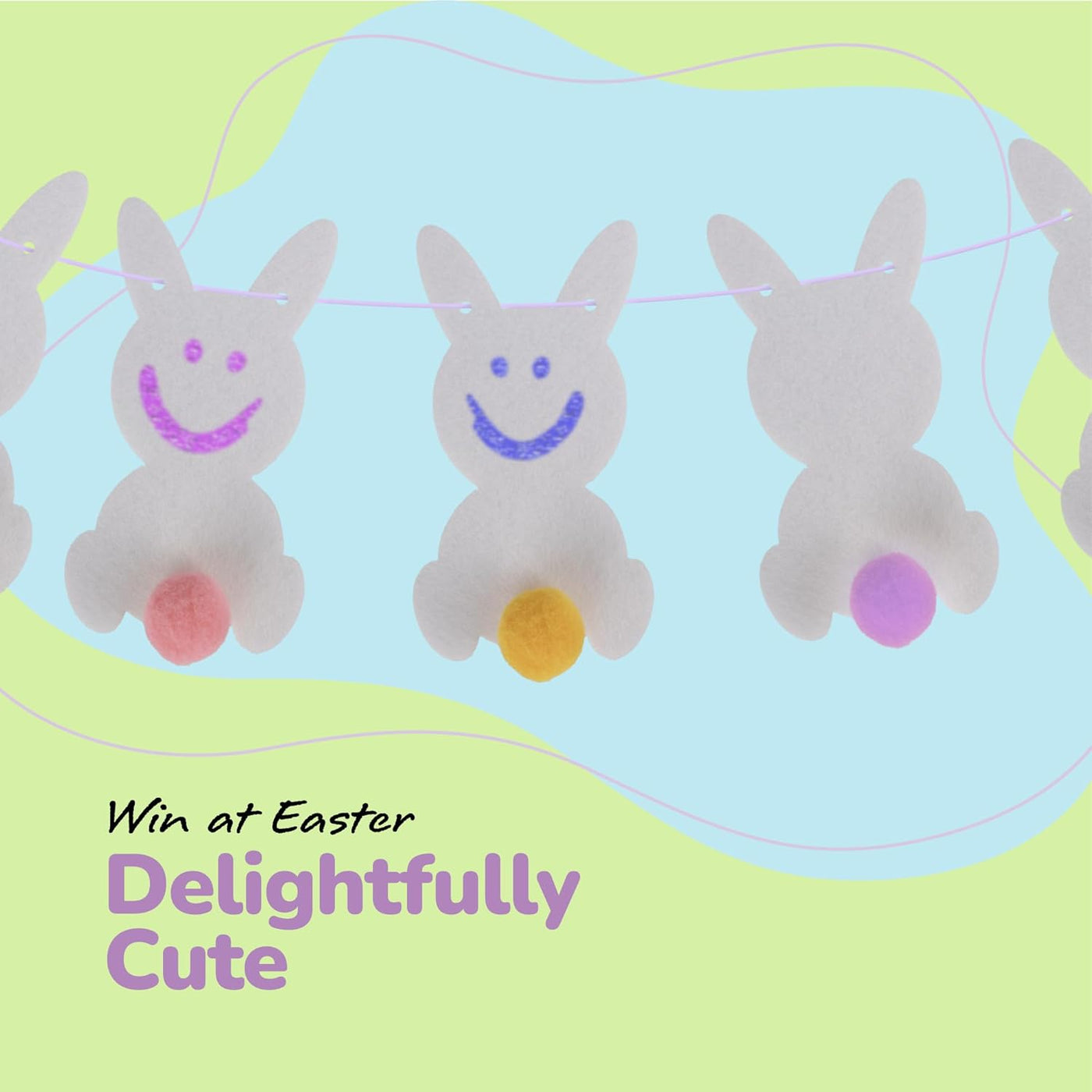 Easter Bunny Garland - Easter Decorations Set with 10 Felt Rabbits, 9 Feet of Ribbon, and Needle for Stringing - Easter Bunny Decorations for the Home - Cute Easter Décor