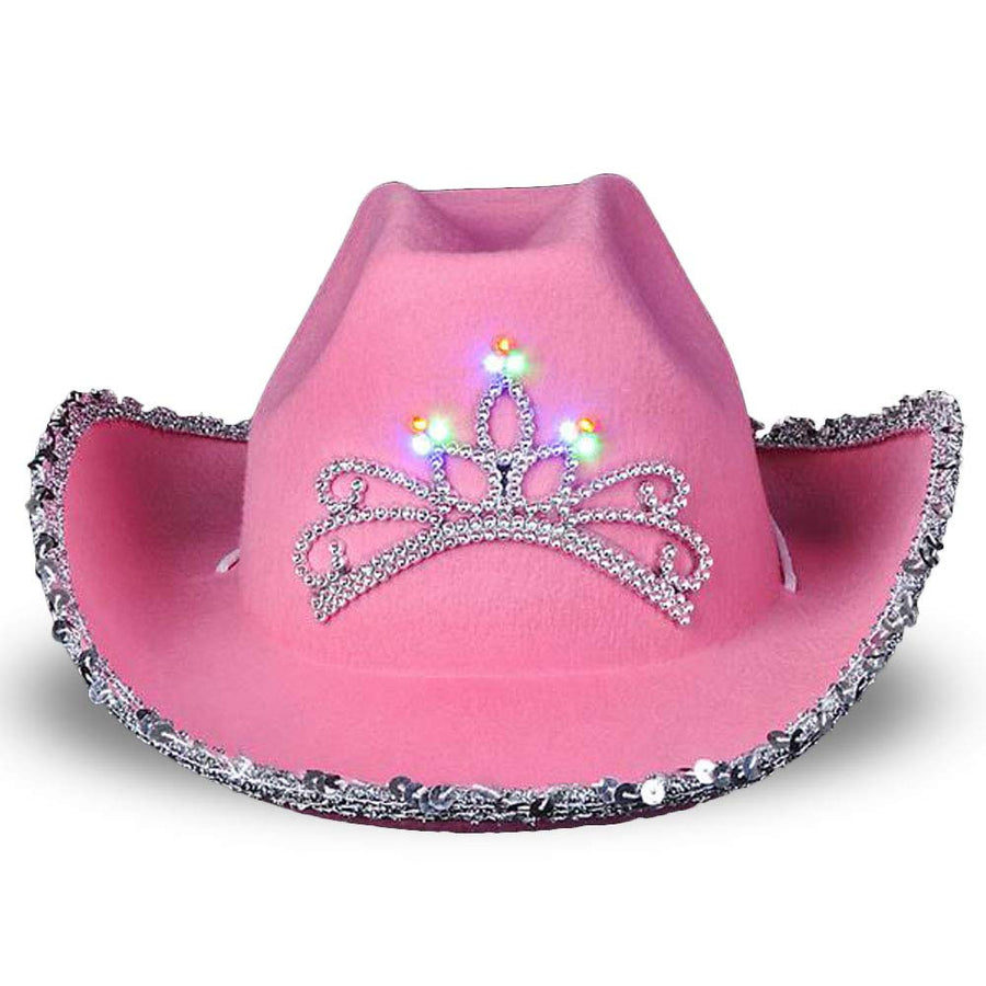 ArtCreativity Light-Up Pink Cowboy Hat for Girls - Sparkly Cowgirl Hat with Sequins and a Dazzling LED Tiara - Cute Cowgirl Birthday Party Hat for Girls - Fun Shiny Cowgirl Costume Accessory