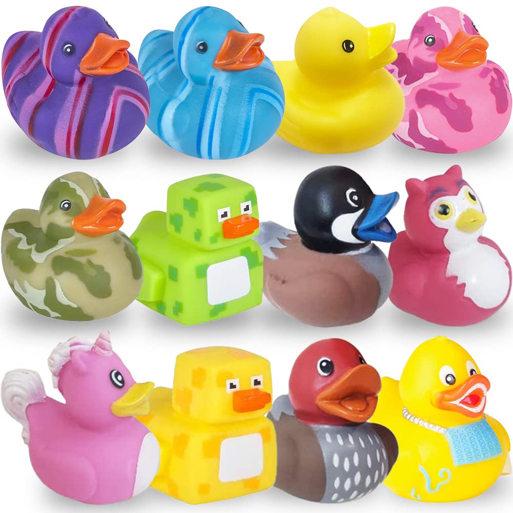 ArtCreativity Assorted Rubber Duckies for Kids and Toddlers (Pack of 12) Cute Duck Bath Tub Pool Toys in Multiple Characters, Fun Carnival Supplies, Birthday Party Favors for Boys and Girls