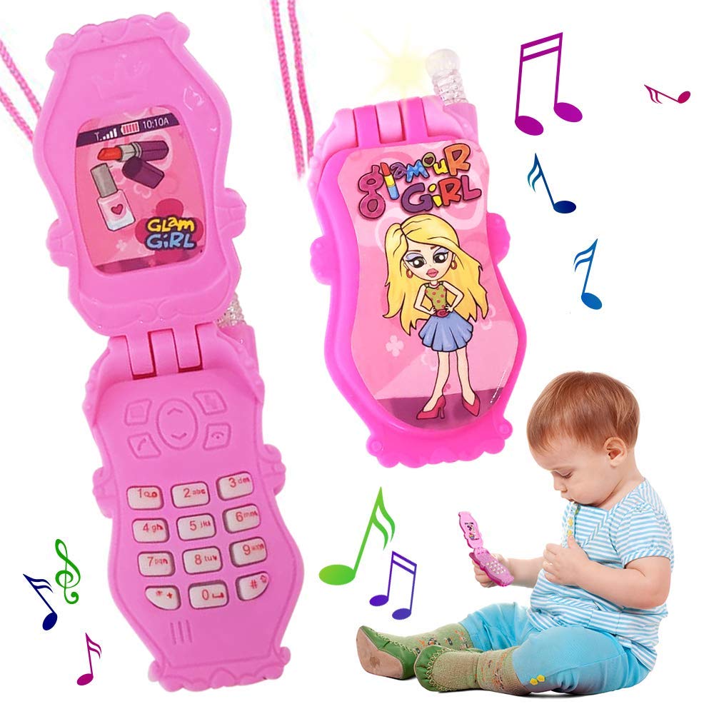 ArtCreativity Pretend Play Flip Cell Phones for Kids, Toddlers - 6 Pack, Cellphone Toy with Songs, Ringtones, Funny Messages and LEDs, Birthday Party Favors and Gifts for Girls - Pink and White