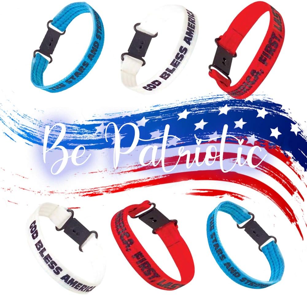 Patriotic Bracelet Assortment, Pack of 12, Red, White, and Blue Wristbands with Patriotic Sayings, 4th of July Party Favors, Cotton Wrist Bands with Plastic Clasp Closure