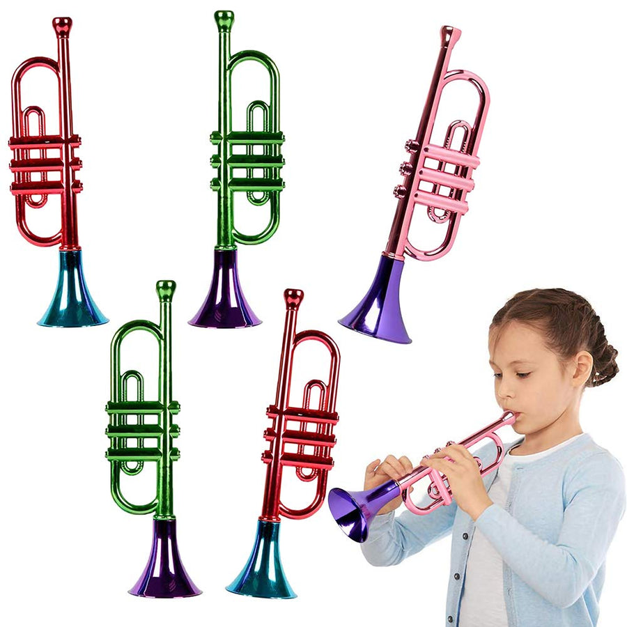 ArtCreativity 13 Inch Metallic Trumpets, Set of 5, Fun Plastic Musical Instruments Noise Makers for Parties and Events, Music Toys for Kids, Cool Birthday Party Favors for Boys and Girls