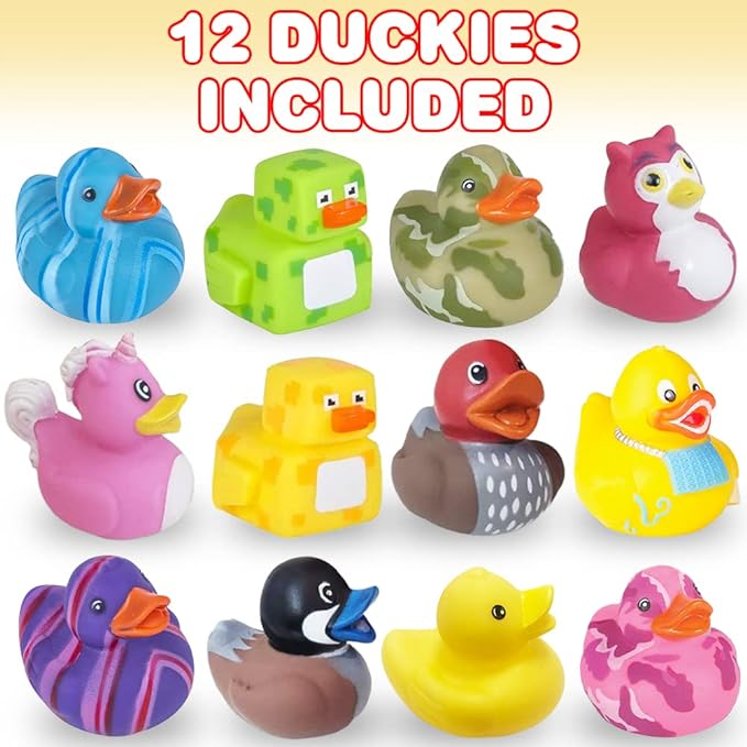 ArtCreativity Assorted Rubber Duckies for Kids and Toddlers (Pack of 12) Cute Duck Bath Tub Pool Toys in Multiple Characters, Fun Carnival Supplies, Birthday Party Favors for Boys and Girls