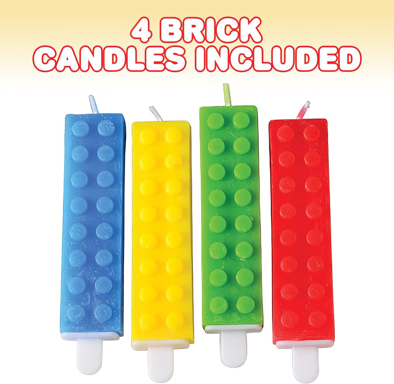 ArtCreativity Brick Candles, Building Block Themed Birthday Cake Candles- Pack of 4- Red, Yellow, Green, and Blue Brick Party Candles, Colorful Building Block Birthday Party Supplies and Decoration