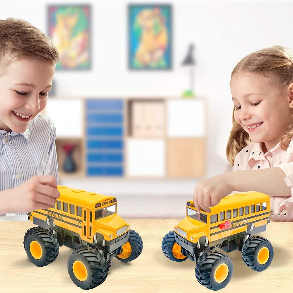 ArtCreativity 5 Inch Pullback School Bus Toy Set - Set of 2 - Includes 2 Yellow School Buses with Monster Wheels - Diecast Bus Playset with Pullback Mechanisms - Great Gift Idea for Boys and Girls