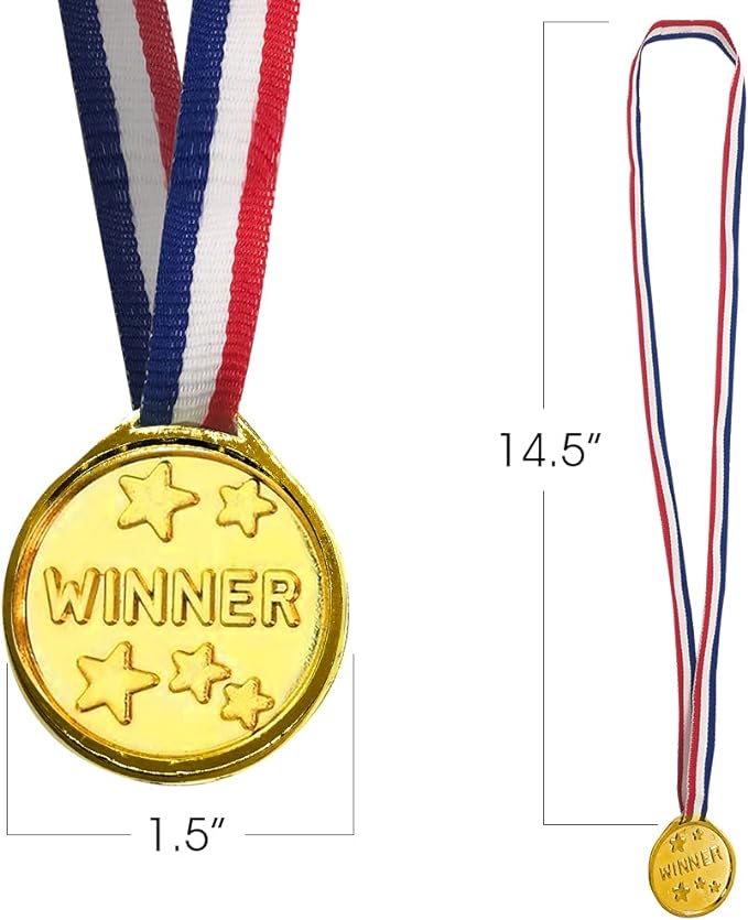 ArtCreativity Gold Prize Medal for Kids, Set of 12 Medals on Ribbon Necklaces, Olympic Style Metal Winner Awards for Sports, Talent Show, and Spelling Bee, Gymnastic Birthday Party Favors