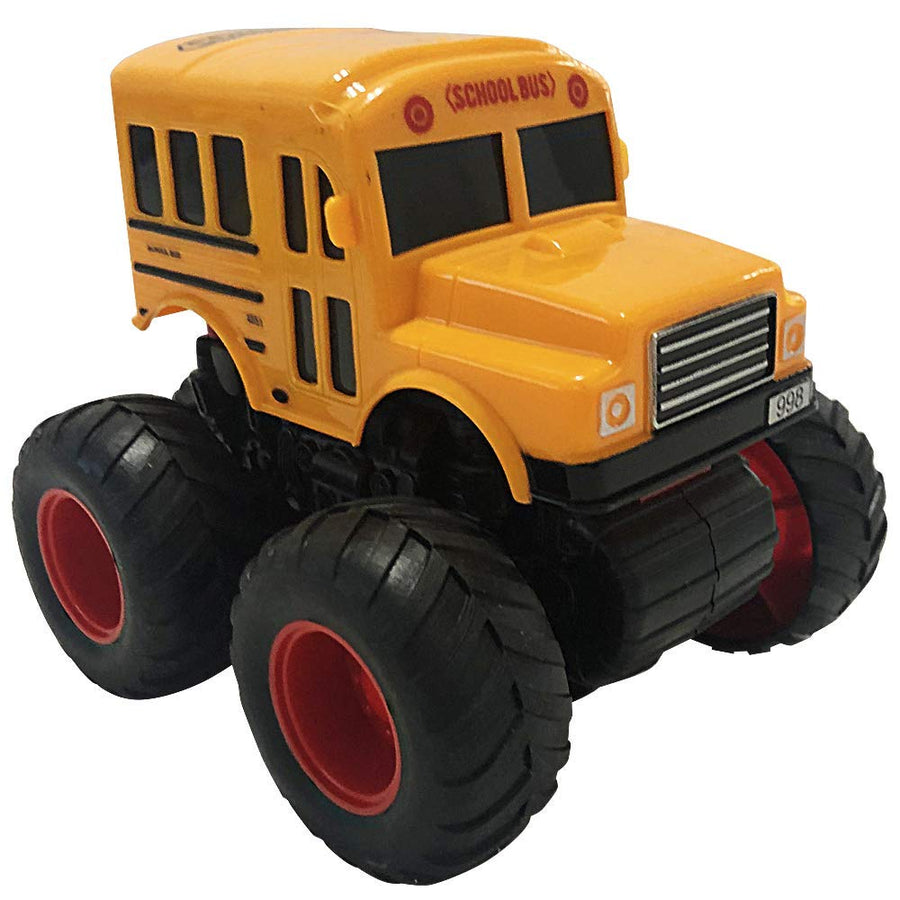 Yellow School Bus Toy with Black Monster Truck Tires, Push n Go