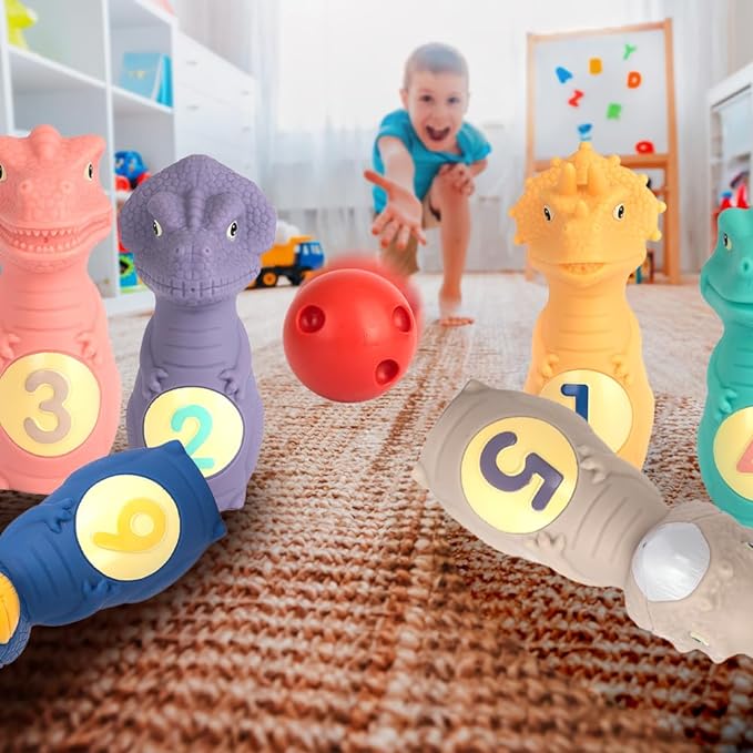 ArtCreativity Dinosaur Kids Bowling Set - 6 Dino Pins and 2 Balls - Durable Silicone Dinosaur Toys for Boys and Girls - Dinosaur Party Activity - Kids Indoor Bowling Game for Ages 2-5