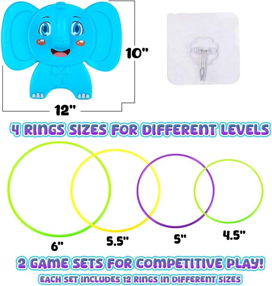 Gamie Elephant Ring Toss Game for Kids, Set of 2, Each Set Contains 1 Base and 12 Rings, Ring Toss Toys for Boys and Girls, Carnival Party Supplies, Hand Eye Coordination Toys for Kids and Teens…