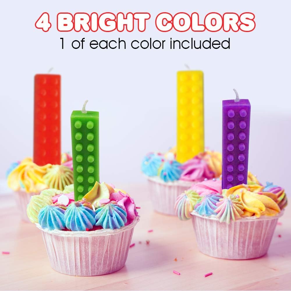 ArtCreativity Brick Candles, Building Block Themed Birthday Cake Candles- Pack of 4- Red, Yellow, Green, and Blue Brick Party Candles, Colorful Building Block Birthday Party Supplies and Decoration