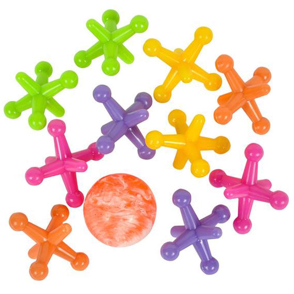 ArtCreativity Large Neon Jacks Game, 3 Sets, Each Set with 10 Plastic Jacks and 1 Marbleized Rubber Ball, Vintage Toys, Fun Activity for Kids, Birthday Party Favors for Boys and Girls