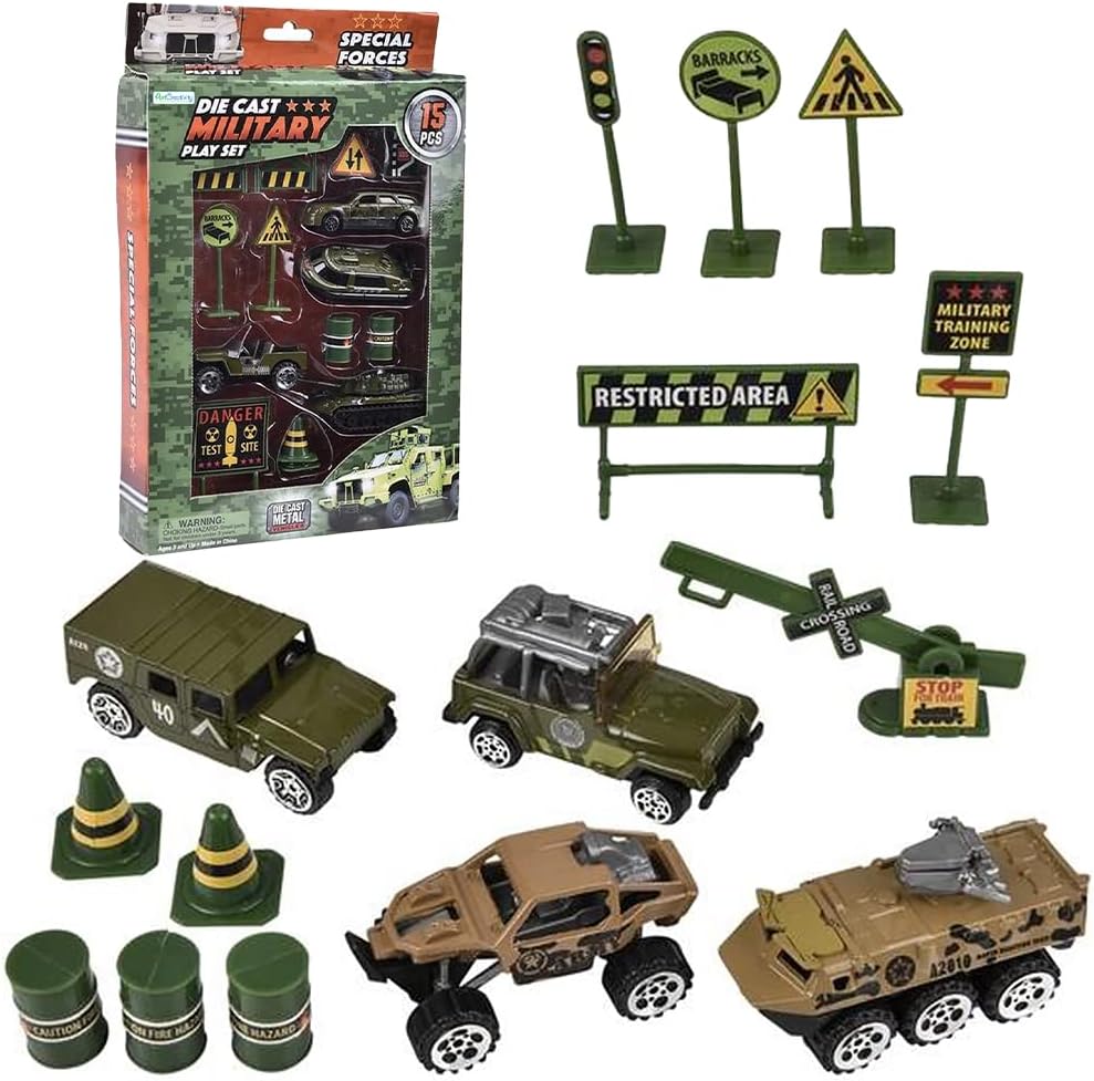 Diecast Military Playset for Kids, 15-Piece Set