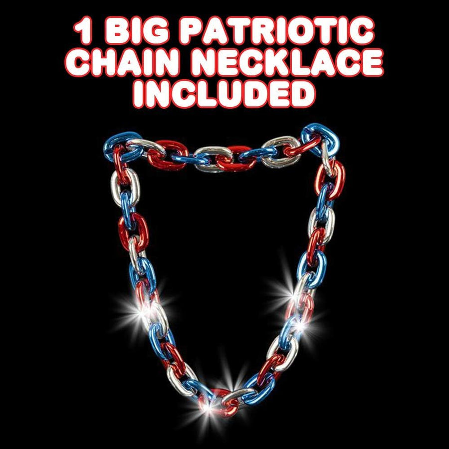 Light-Up Chunky Chain Patriotic Necklace, Big 38 Inch Chain, 4th of July Accessories for Women, Men, and Kids, Red, White, and Blue Decorations for Memorial and Independence Day