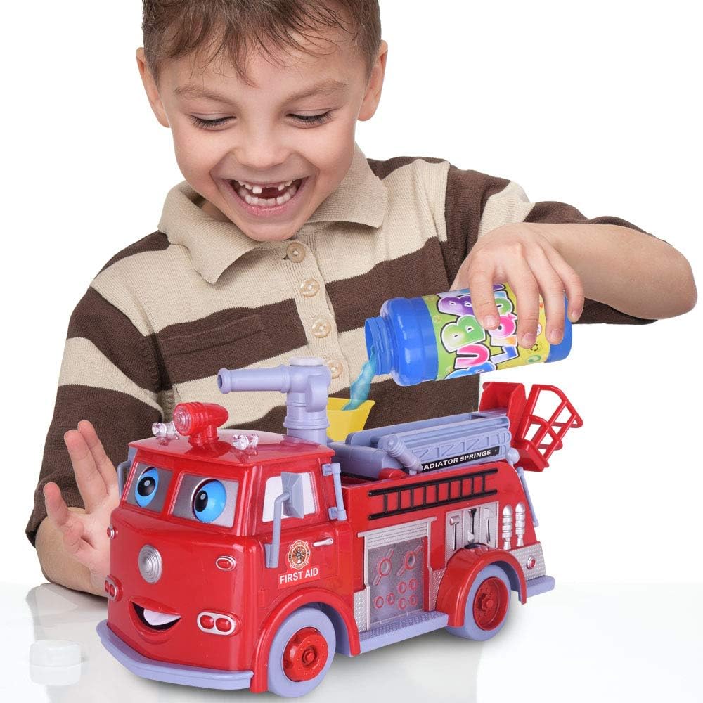 ArtCreativity Bubble Blowing Fire Engine Toy Truck for Kids - Awesome Light Up LED and Siren Effects - Bubble Solution with Funnel Included - Best Birthday Gift for Boys and Girls 5+