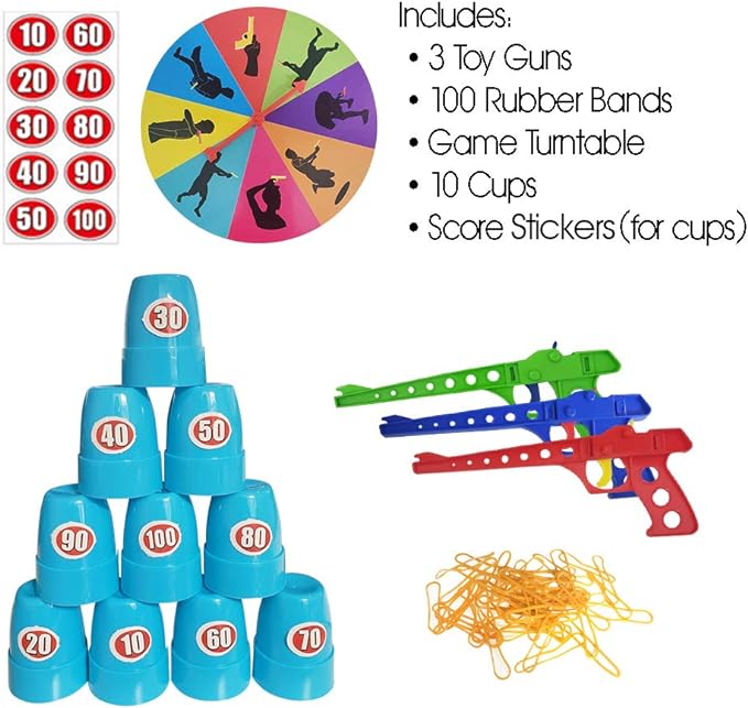 Shooting Competition Game for Kids - Includes 3 Toy Guns, 100 Rubber Bands, 10 Cups, Game Turntable, Score Stickers and Instructions - Fun Target Practice Game for Boys & Girls