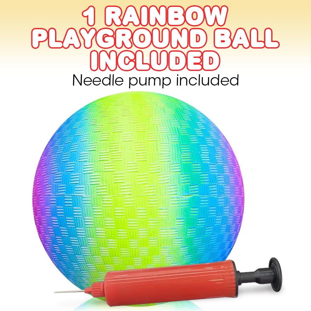 ArtCreativity Rainbow Playground Ball for Kids with Hand Pump, Bouncy 9 Inch Kick Ball for Backyard, Park, and Beach Outdoor Fun, Beautiful Colors, Durable Outside Play Toys for Boys & Girls