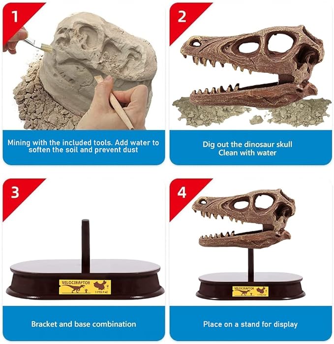 ArtCreativity Dinosaur Excavation Kit for Kids, Velociraptor Skull Excavating Set with Fossil Digging Tools and Stand, Fun Science Activity Toy, Educational Dinosaur Gift for Boys and Girls