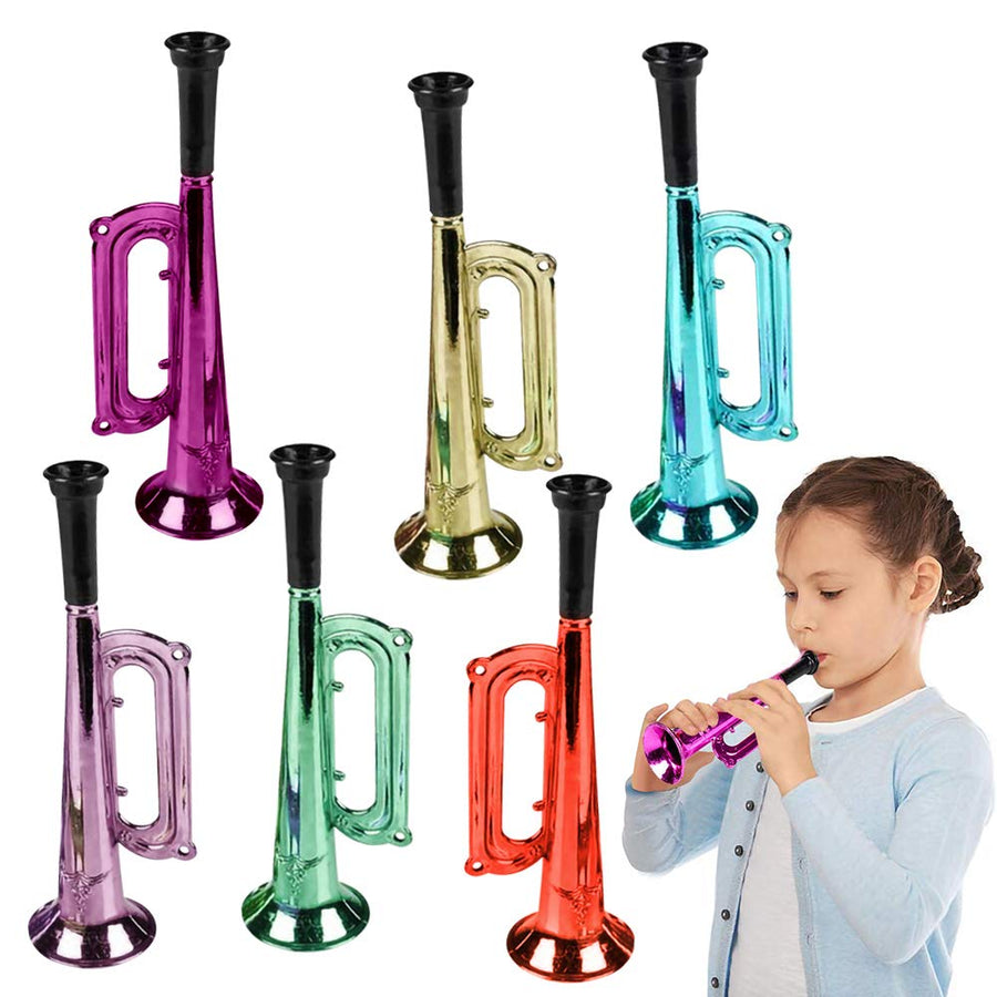 ArtCreativity 7 Inch Metallic Trumpets, Set of 12, Fun Plastic Musical Instruments Noise Makers for Parties and Events, Music Toys for Kids, Cool Birthday Party Favors for Boys and Girls
