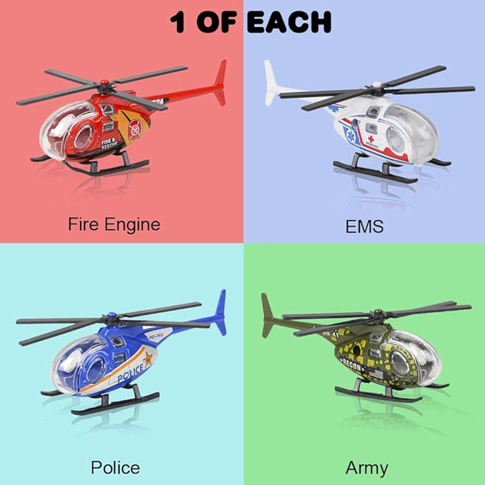 ArtCreativity Diecast Helicopters - Pack of 4 - Police, Fire Engine, EMS, and Military Diecast Toy Choppers with Spinning Propellers, Birthday Party Favors for Boys and Girls