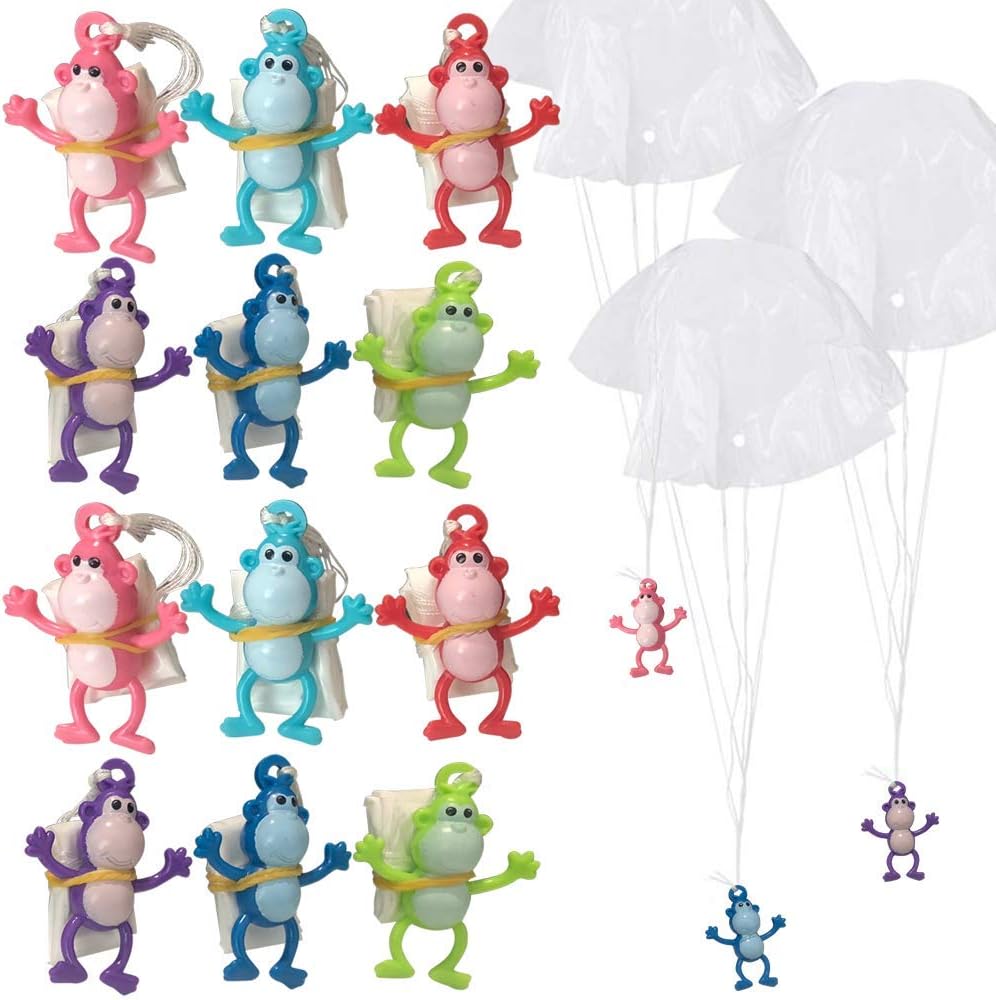 ArtCreativity Mini Monkey Paratroopers with Parachutes, Pack of 12, Vinyl Parachute Toys in Assorted Colors, Durable Plastic Guys Playset, Fun Zoo Animal Themed Party Favors for Boys & Girls