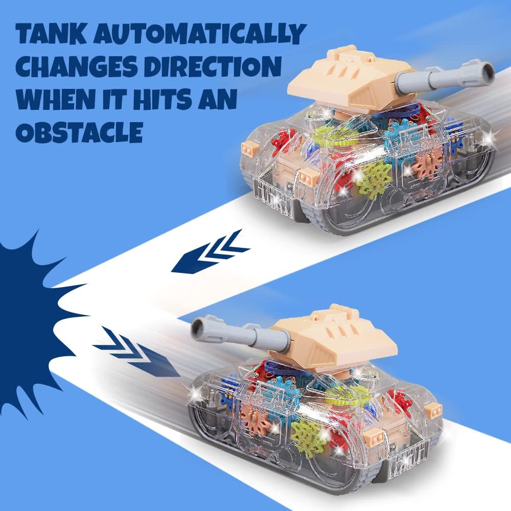ArtCreativity Light Up Transparent Gear Tank Toy for Kids, Bump and Go Army Toy Tank with Colorful Moving Gears, Music, and LEDs, Fun Educational Army Tanks Toys for Boys, Great Toddler Light Up Toy