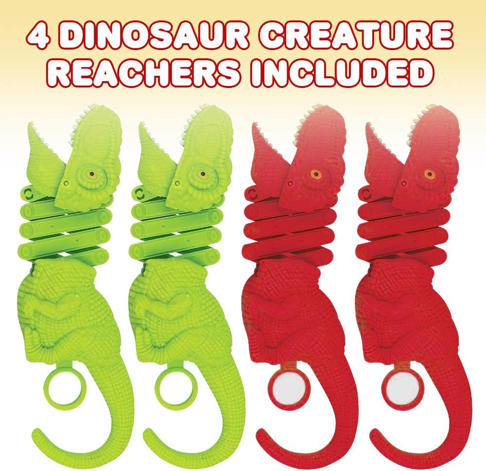Dinosaur Creature Reacher, Set of 4, Dino Grabber Toy for Kids, Durable Plastic Animal Grabbers, Dinosaur Birthday Party Favors, Treasure Box Prizes, Novelty Gag Gift, Red & Green