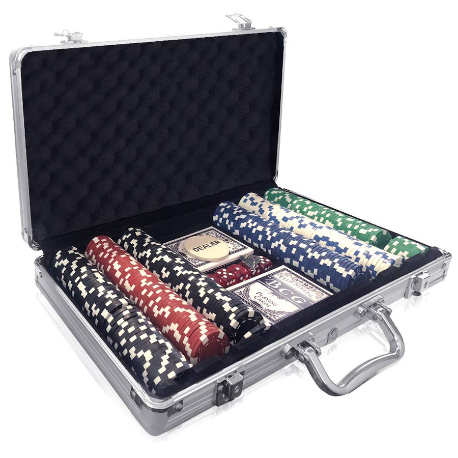 Poker Set in Aluminum Case, Casino Poker chip Kit with 300 Chips, 2 Decks of Playing Cards, 5 Dice, and 1 Deluxe Case