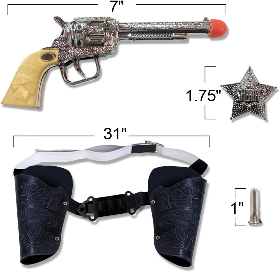 Cowboy Toy Gun Holster and Belt 9 Piece Set for Kids. 2 Toy Pistols, 1 Sheriff Badge, 2 Gun Holsters, and 3 Play Bullets, 1 Adjustable Belt, Old Western Action Belt for Sheriff, Halloween Costume