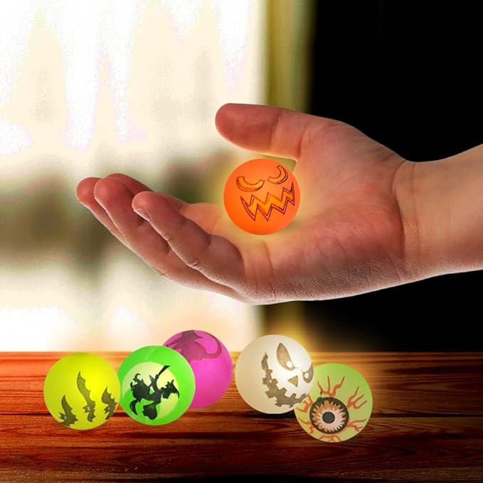 ArtCreativity Halloween Glow in the Dark Bouncing Balls, Bulk Pack of 72, 6 Halloween Theme Designs, 1.25 Inch High-Bounce Balls for Kids, Trick or Treat Giveaways, Party Favors and Goodie Bag Fillers
