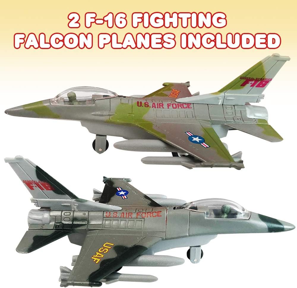 ArtCreativity Diecast F-16 Fighting Falcon Jets with Pullback Mechanism, Set of 2, Diecast Metal Airplane Toys for Boys, Air Force Military Cake Decorations, Aviation Party Favors