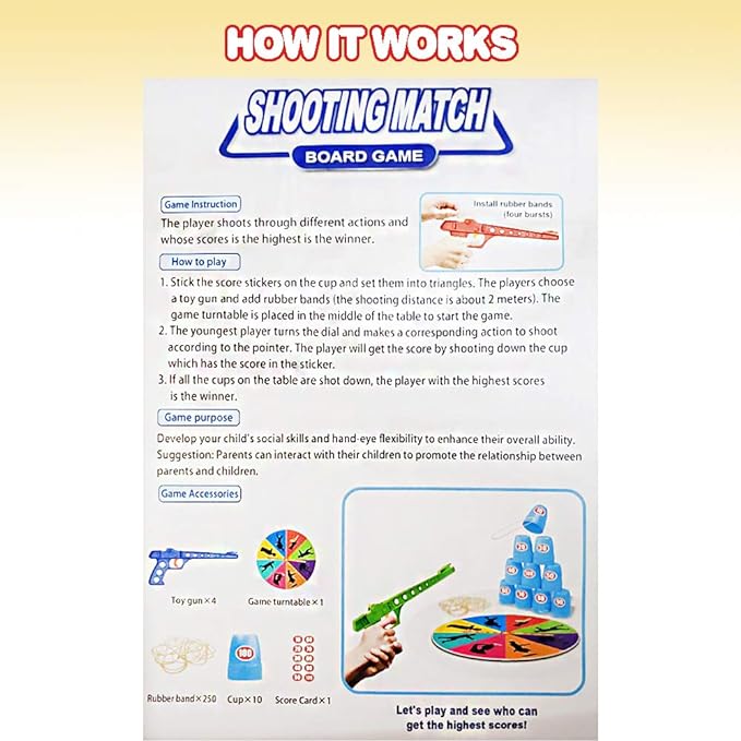 Shooting Competition Game for Kids - Includes 3 Toy Guns, 100 Rubber Bands, 10 Cups, Game Turntable, Score Stickers and Instructions - Fun Target Practice Game for Boys & Girls