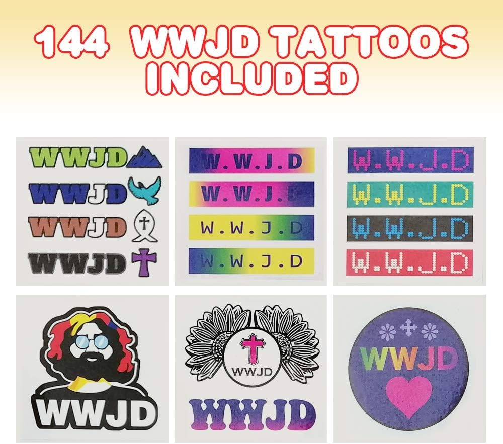 ArtCreativity WWJD Temporary Tattoos for Kids - Bulk Pack of 144-2 Inch Non-Toxic Tats Stickers for Boys and Girls, Birthday Party Favors, Goodie Bag Fillers, Non-Candy Halloween Treats