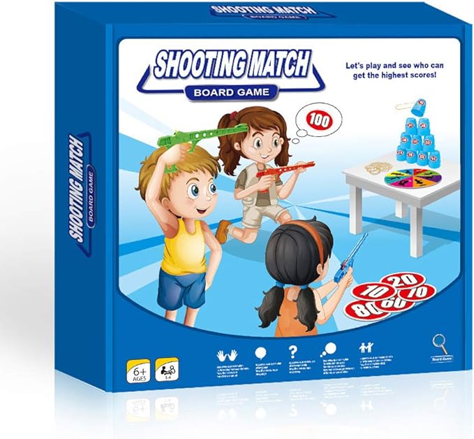 Shooting Competition Game for Kids - Includes 3 Toy Guns, 100 Rubber Bands, 10 Cups, Game Turntable, Score Stickers and Instructions - Fun Target Practice Game for Boys & Girls