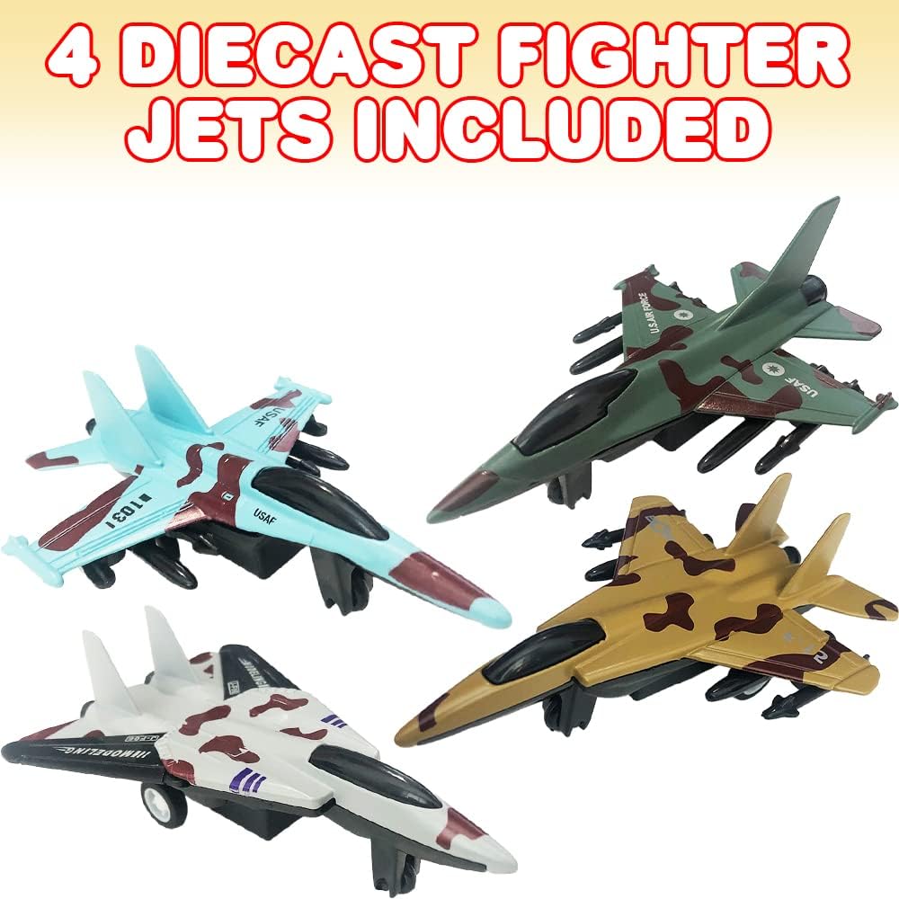 ArtCreativity Diecast Fighter Jets, Pullback Mechanism, Set of 4, Diecast Metal Jet Plane Fighter Toys for Boys, Air Force Military Cake Decorations, Pull Back Airplane Party Favor