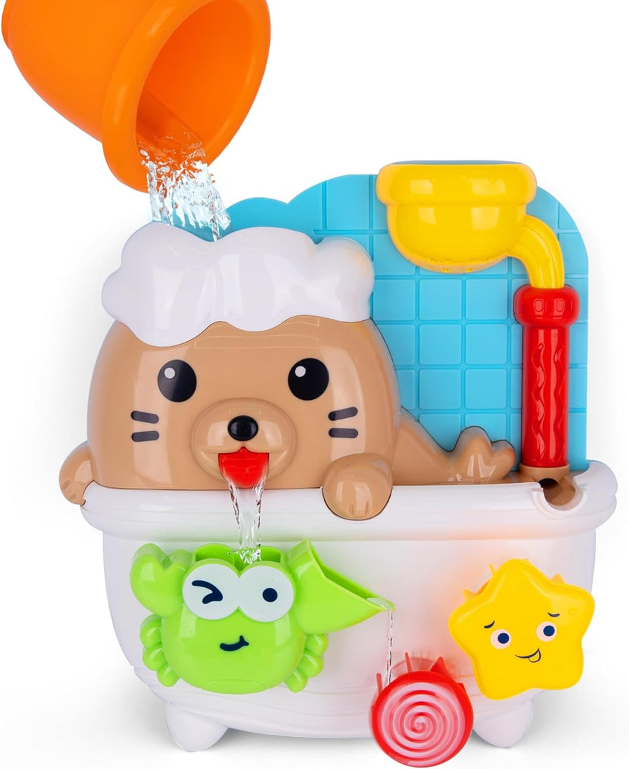 ArtCreativity Sea Lion Bath Toy for Kids - Waterfall Bath Toy with Bobbing Crab, Spinning Wheel, and Strong Suction Cups - Fun Suction Bath Toys for Toddler Tub Time Ages 1 2 3 4 5