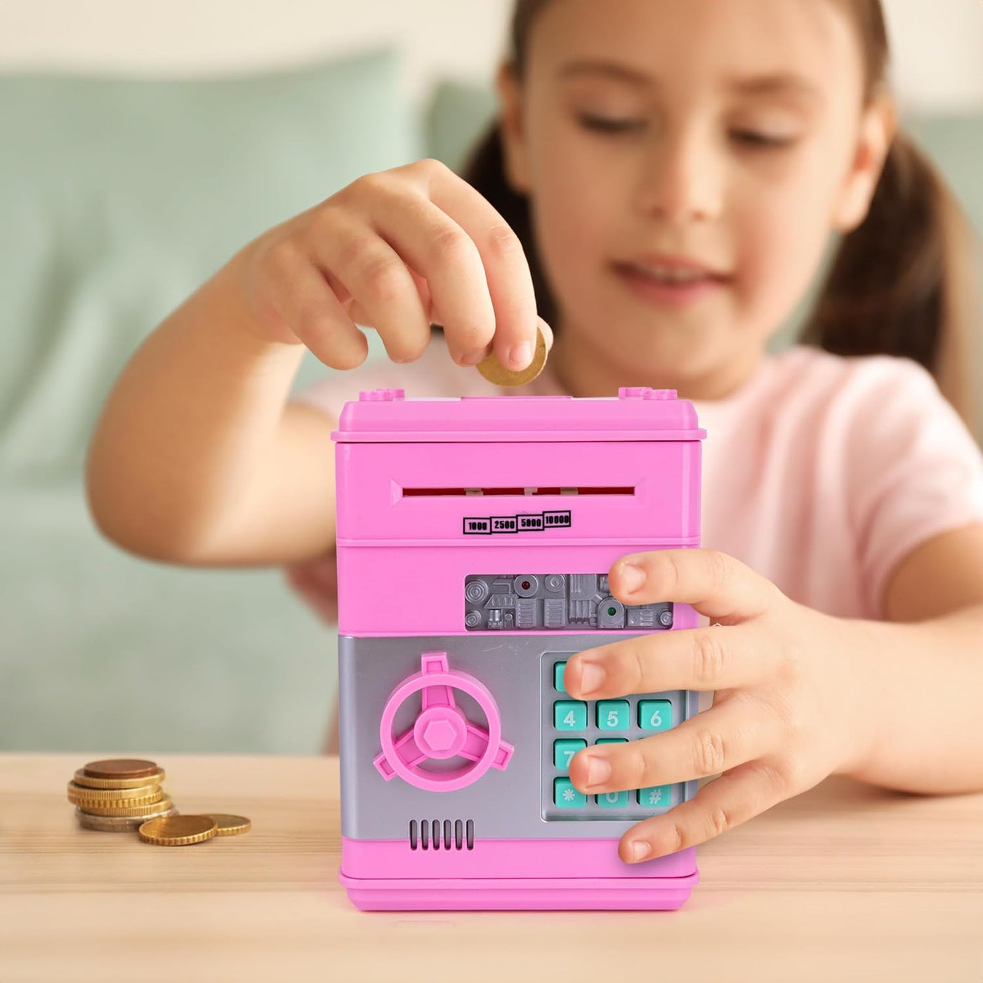 ArtCreativity ATM Piggy Bank for Kids - Pink Piggy Bank for Girls - ATM-Style Bill Retracting and Coin Slot on Top - Passcode -Protected Electric Piggy Bank - Cool Kids ATM Machine for Early Savings