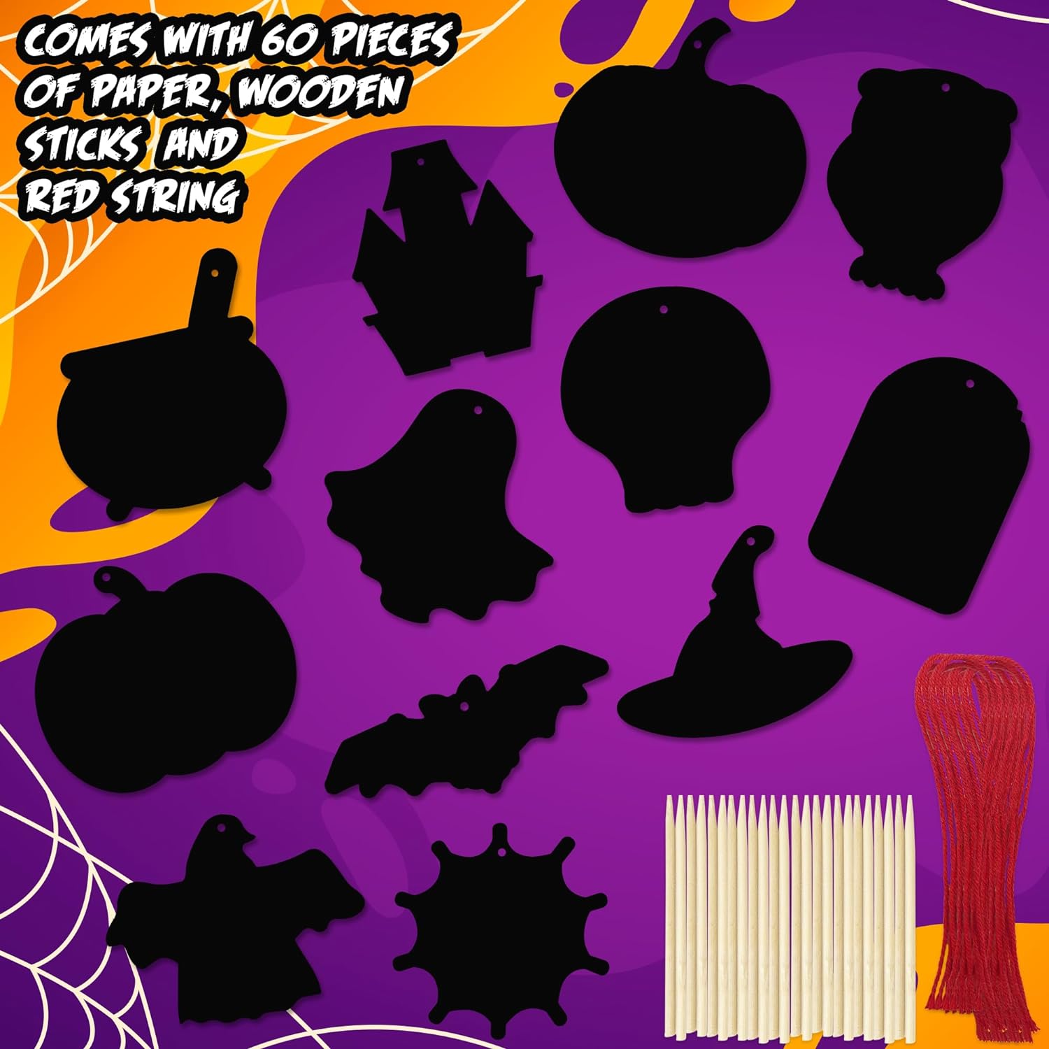 ArtCreativity Halloween Scratch Art for Kids - 60 Sets of Scratch Paper - Halloween Crafts (Bulk) with 60 Designs, 60 Sticks, & 60 Pieces of Red String - Scratch Art Party Favors for Kids Classroom