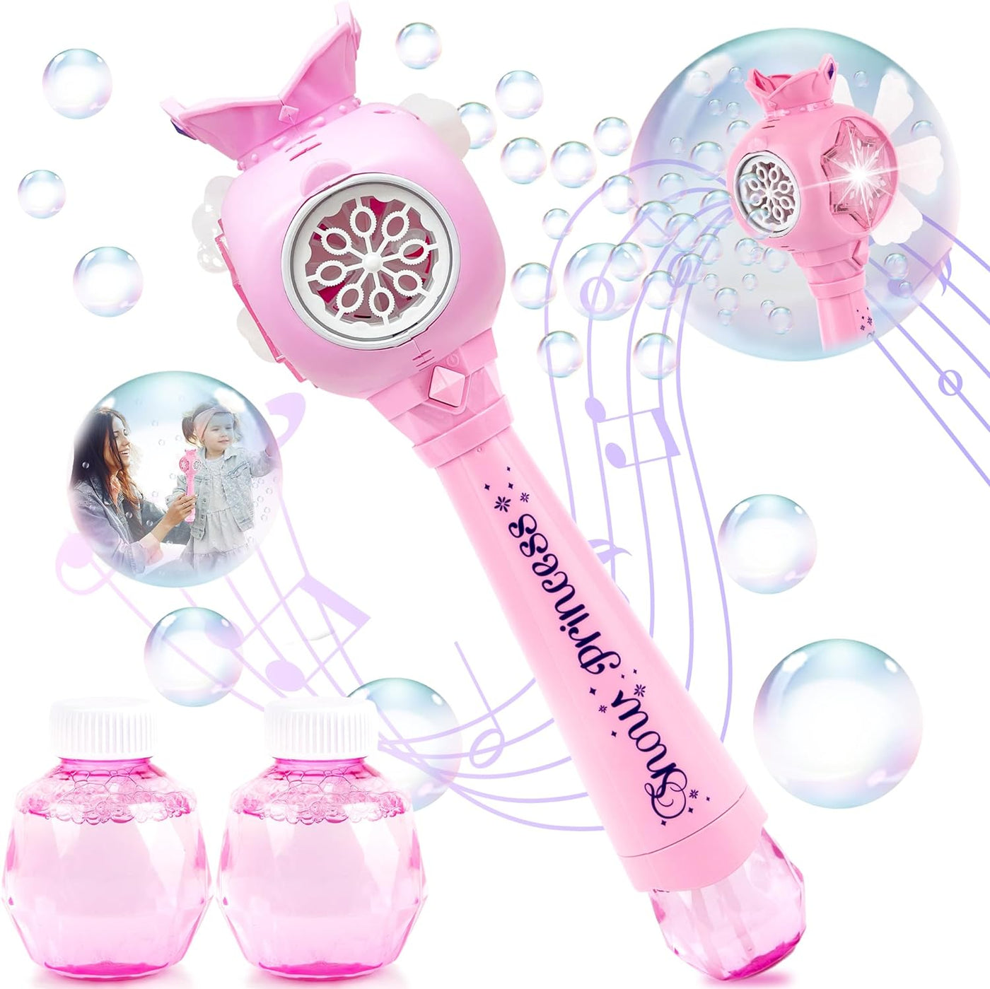 ArtCreativity Light Up Princess Magic Bubble Blower Wand with Detachable Windmill, Princess Wand for Girls with 2 Bottles of Bubble Solution, LED Effects, & Music, Fun Pretend Play Prop, Birthday Gift