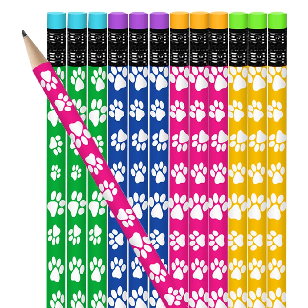 ArtCreativity Paw Print Pencils for Kids - Set of 12 - Wooden Writing Pencils in Assorted Colors with Erasers, Animal Theme and Dog Birthday Party Favors, Teacher Supplies for Classroom