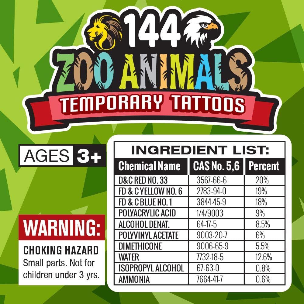 ArtCreativity Zoo Animal Temporary Tattoos for Kids - Bulk Pack of 144 Tattoos in Assorted Designs, Non-Toxic 2 Inch Tats, Birthday Party Favors, Goodie Bag Fillers, Non-Candy Halloween Treats