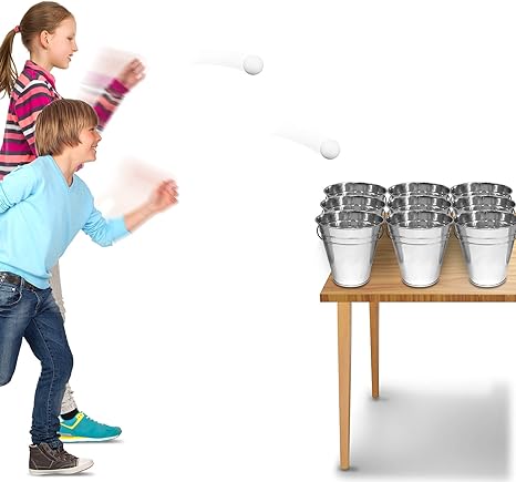 Bucket Ping Pong Ball Game Includes 9 Metal Buckets, 12 Balls, and 1 Number Sticker Sheet