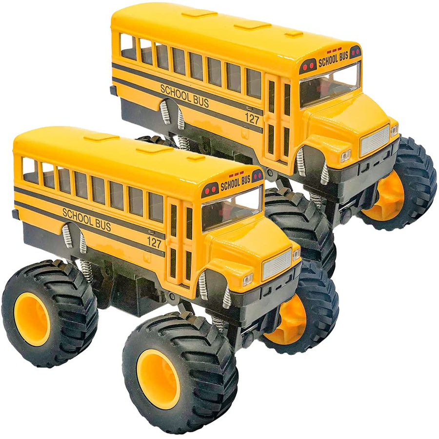 5 Inch Pullback School Bus Toy Set - Set of 2 - Includes 2 Yellow School Buses with Monster Wheels