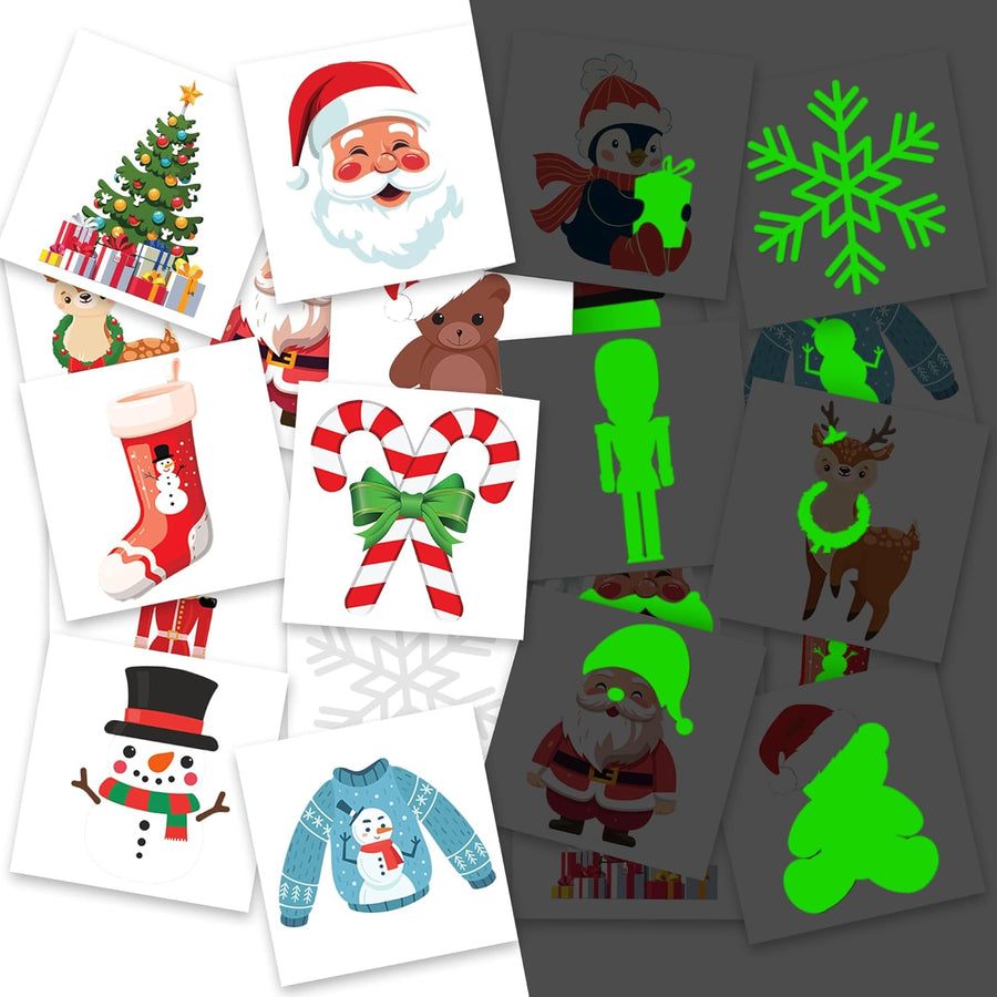 Individual Christmas Tattoos for Kids - Set of 144-2 Inch Temporary Tattoos for Kids in 12 Festive Designs - Christmas Party Favors for Kids (Christmas Glow In Dark Tattoos)