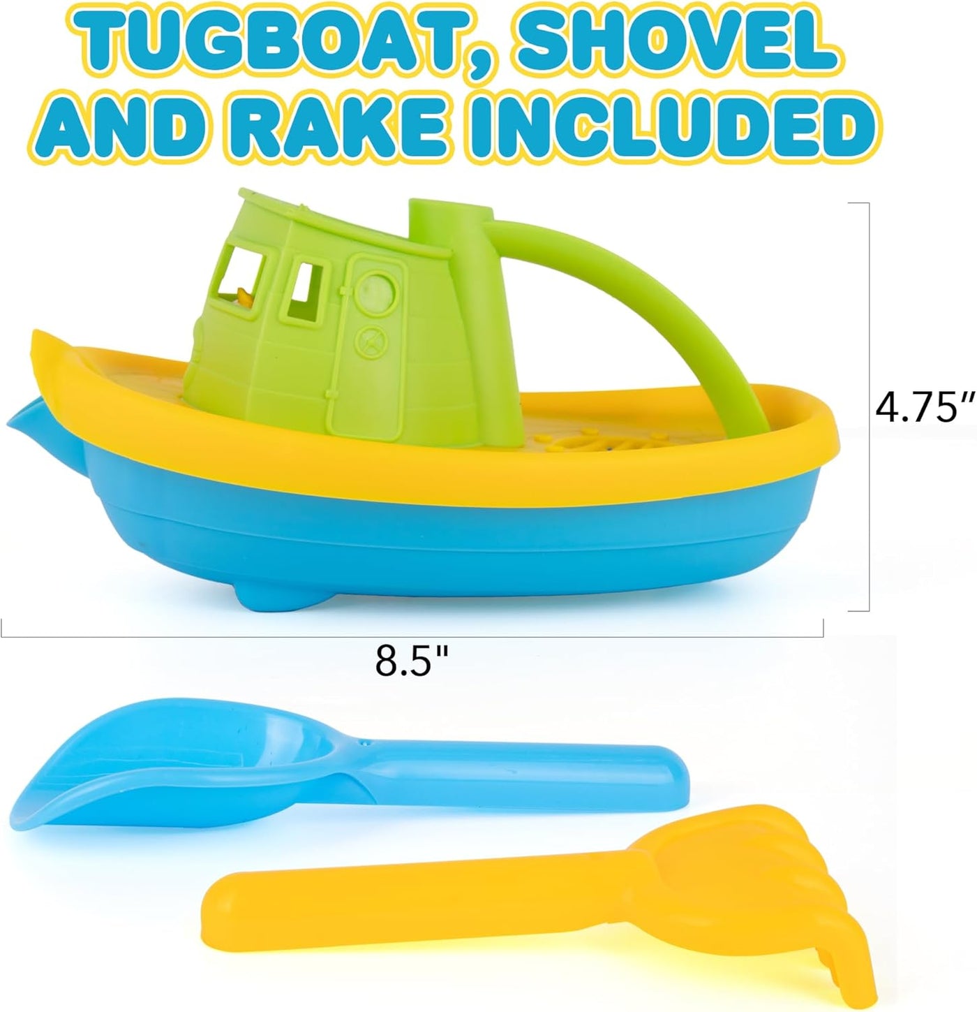 Tug Boat Bath Toy - Kids Toy Boat Set with Boat, Rake, and Shovel