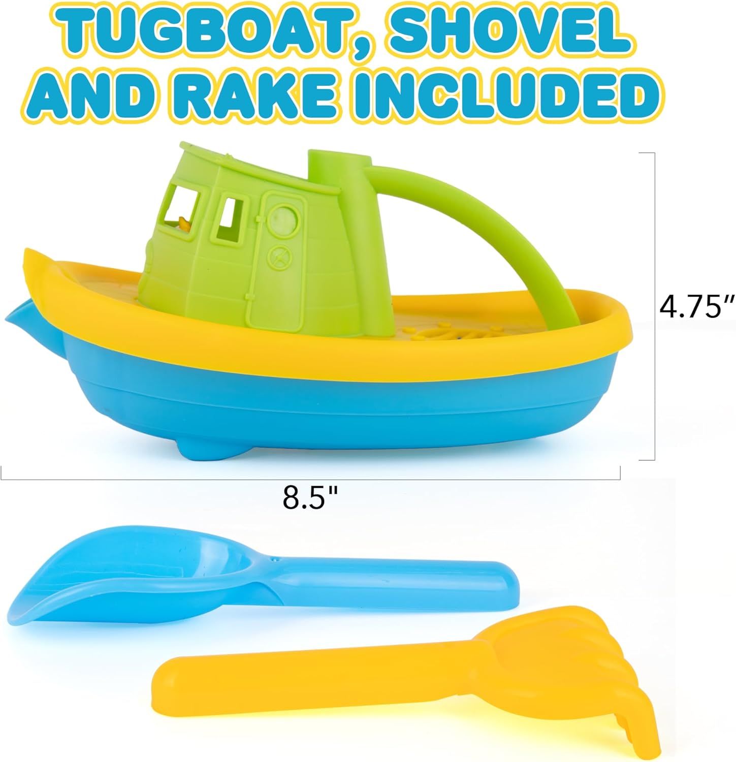 Tug Boat Bath Toy - Kids Toy Boat Set with Boat, Rake, and Shovel